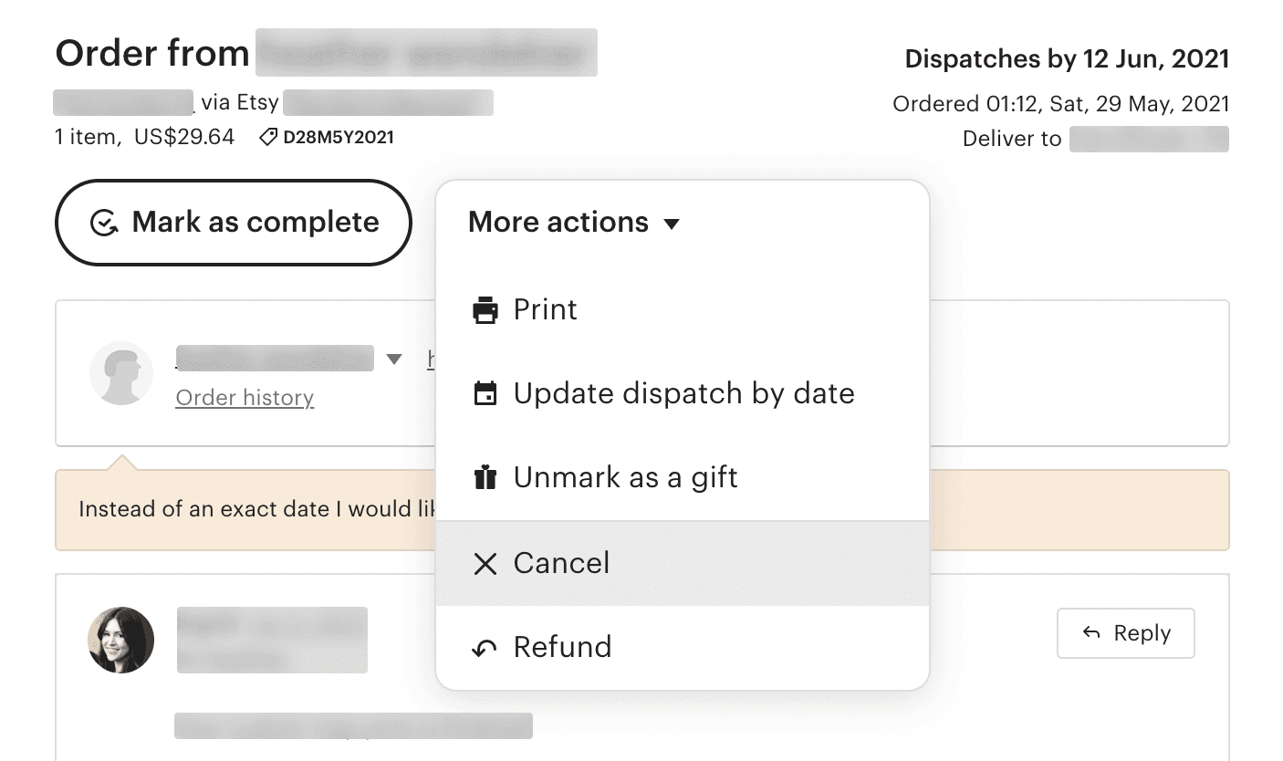 Etsy order’s More actions menu with the Cancel option highlighted
