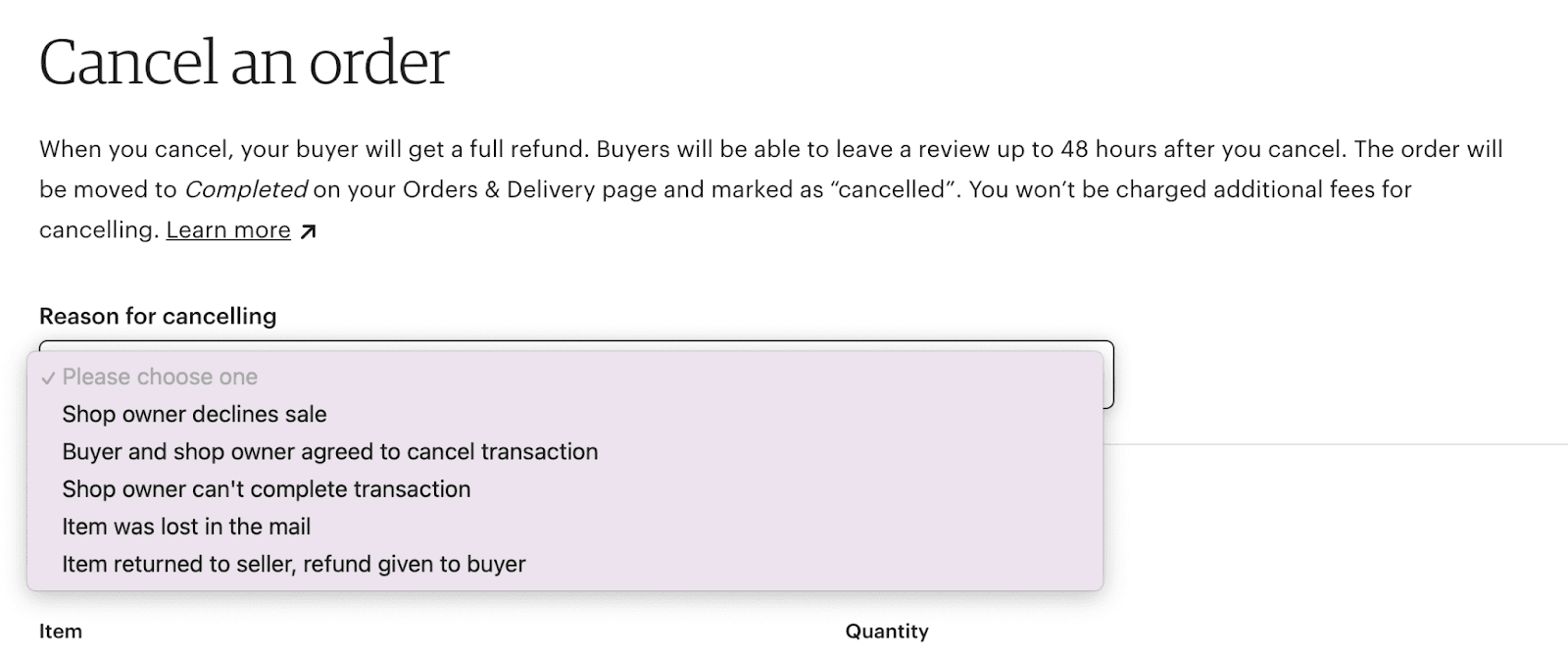 Etsy Cancel an order form with the cancellation reason dropdown expanded