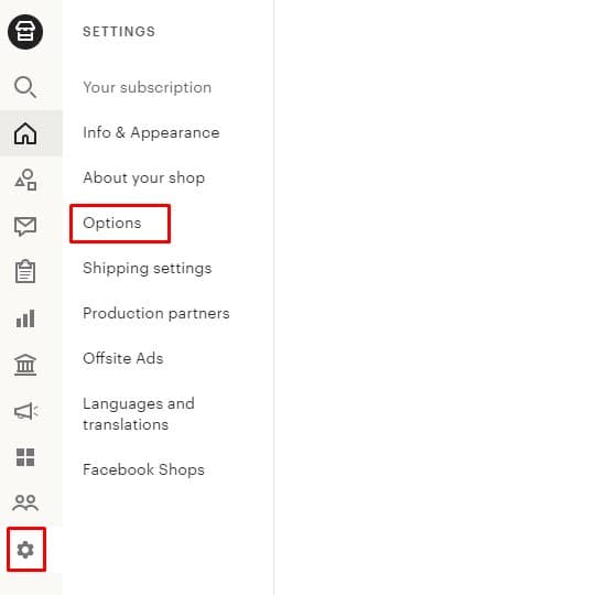 Etsy Shop Manager settings menu with Options and the settings icon highlighted