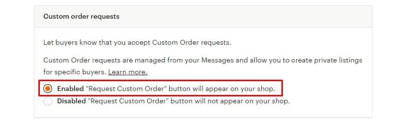 Etsy Custom order requests setting with Enabled selected and outlined in red