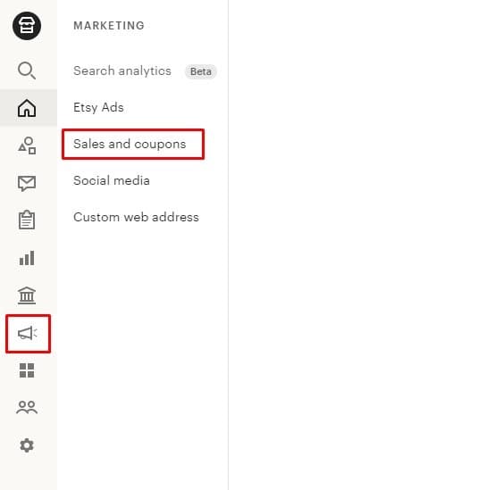 Etsy Marketing menu with Sales and coupons outlined in red