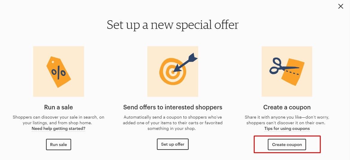 Etsy special offer dialog with the Create coupon button outlined in red