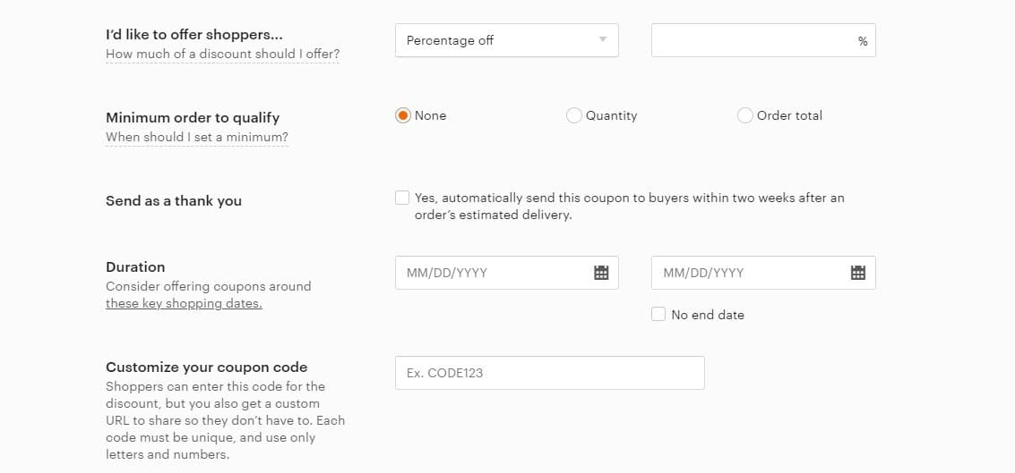 Etsy coupon form for setting discounts, minimum orders, duration, and a custom code