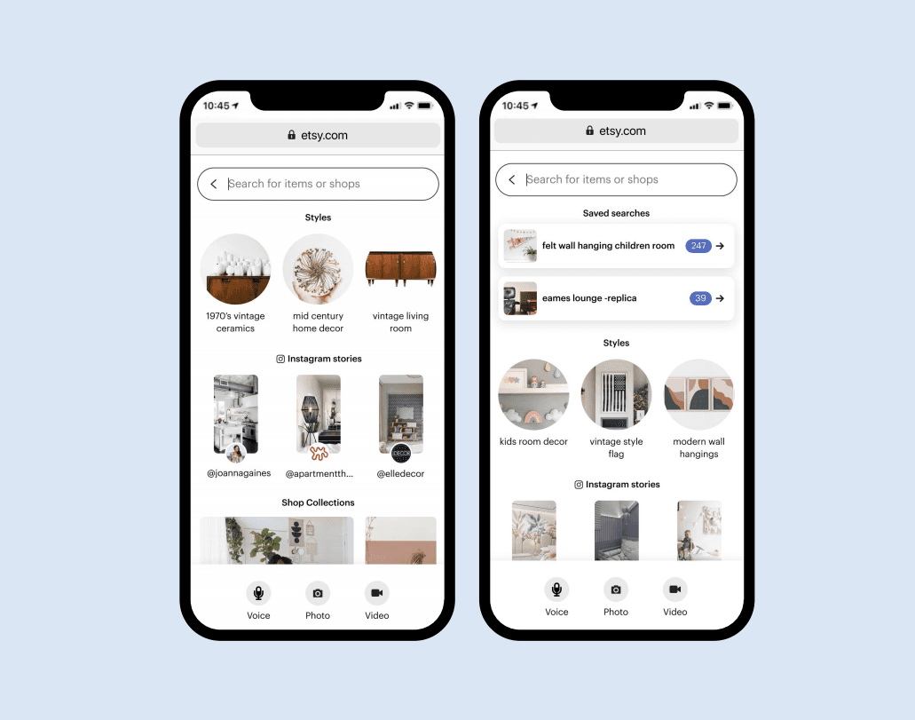 Two Etsy mobile search screens showing saved searches and suggested home decor styles