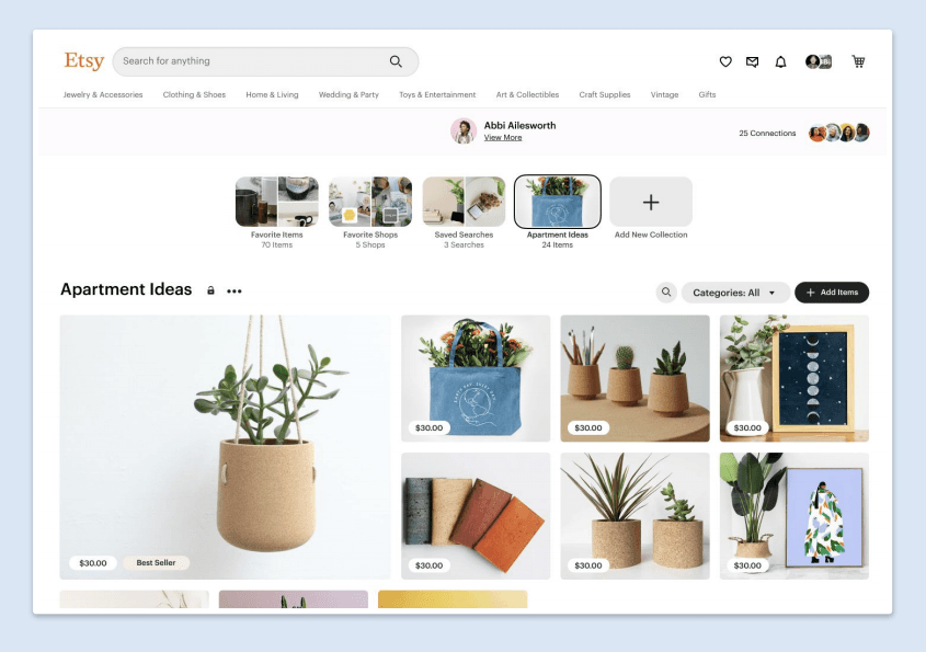 Etsy Apartment Ideas collection displaying coordinated product photos of planters and home accessories