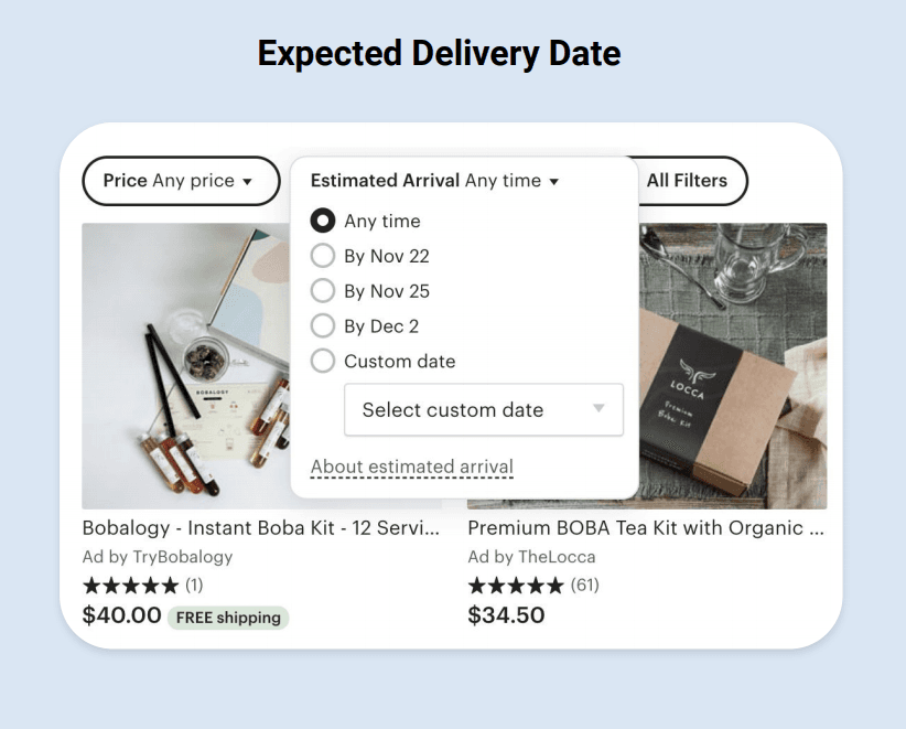 Etsy Estimated Arrival filter offering delivery deadlines and a custom date