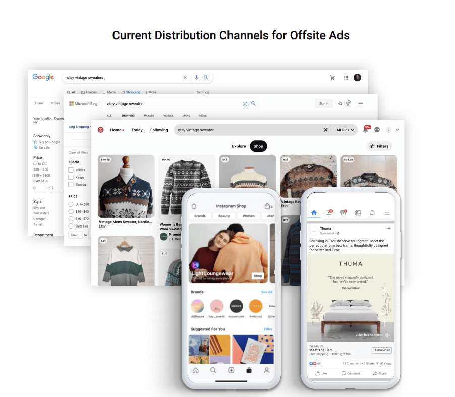 Examples of Etsy Offsite Ads across search engines and social media platforms