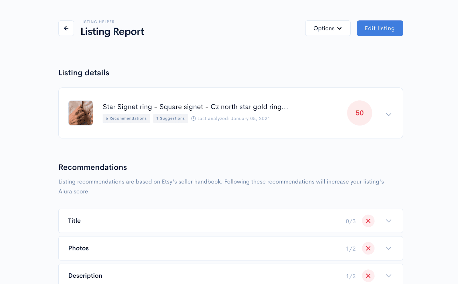 Alura listing report flagging title, photo, and description improvements for a signet ring