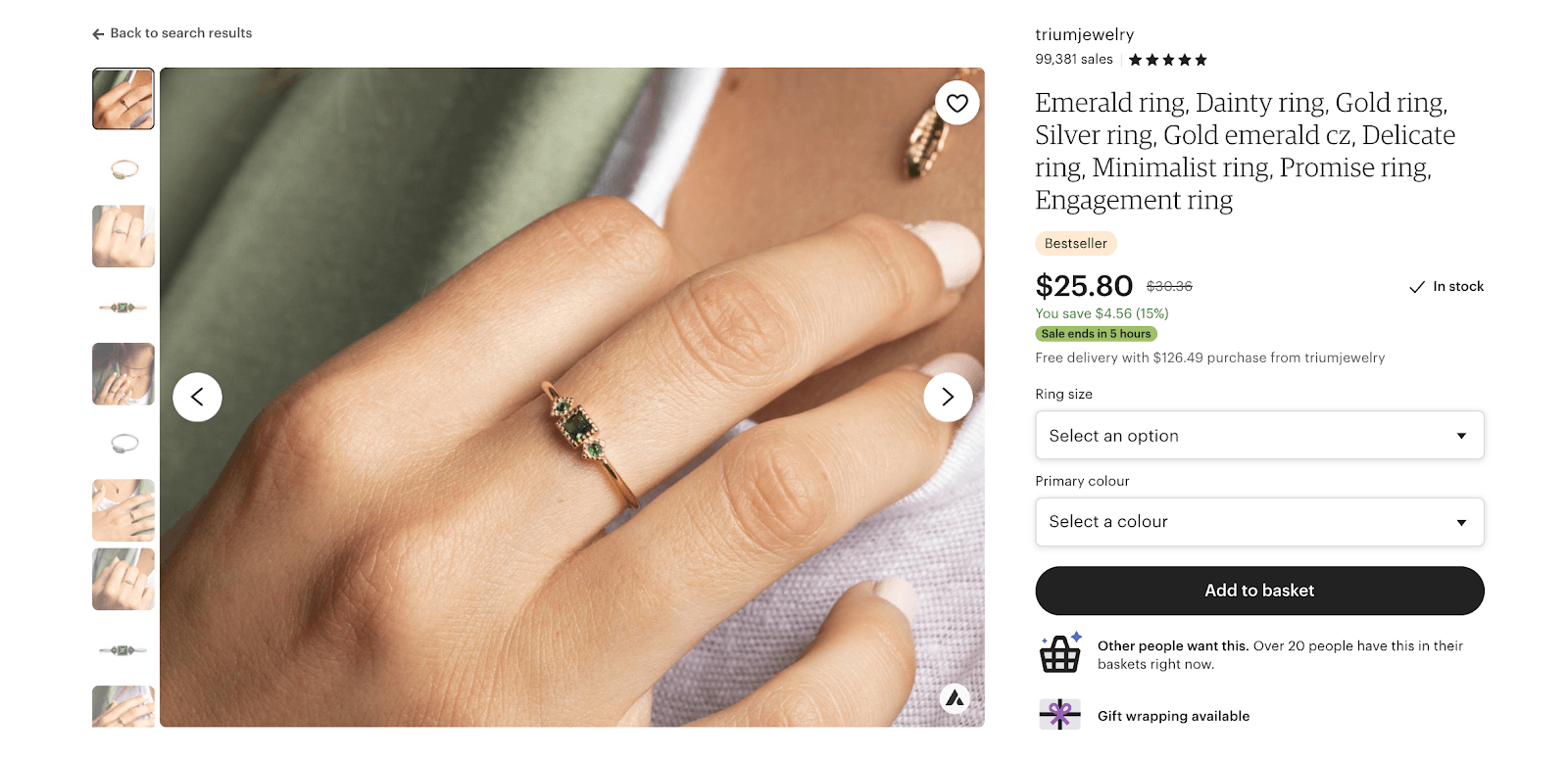 Emerald ring listing with ten product photos showing details and how it looks when worn