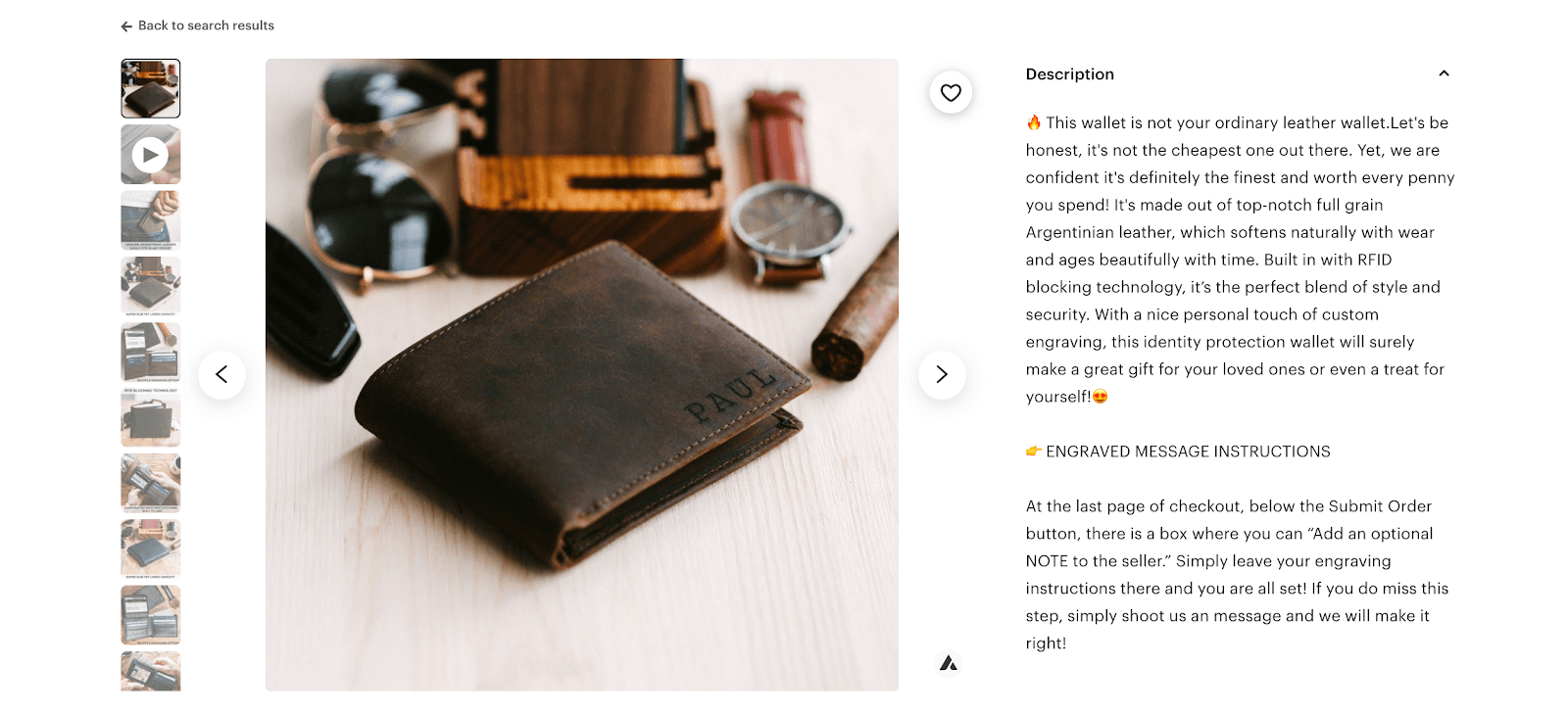 Personalized leather wallet listing with a detailed description and engraving instructions