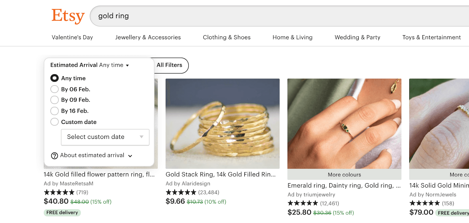 Etsy gold ring results showing free delivery badges and estimated arrival filters