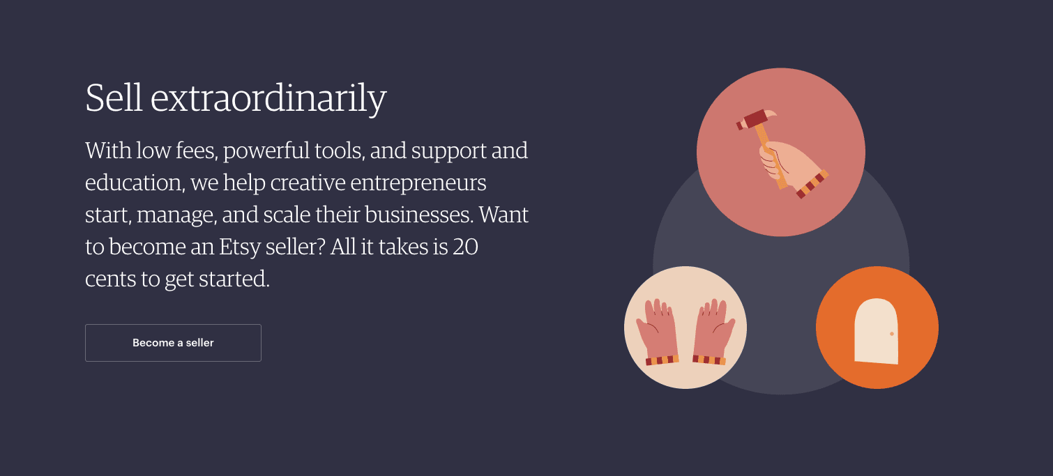 Etsy seller invitation describing tools and support for starting and growing a business