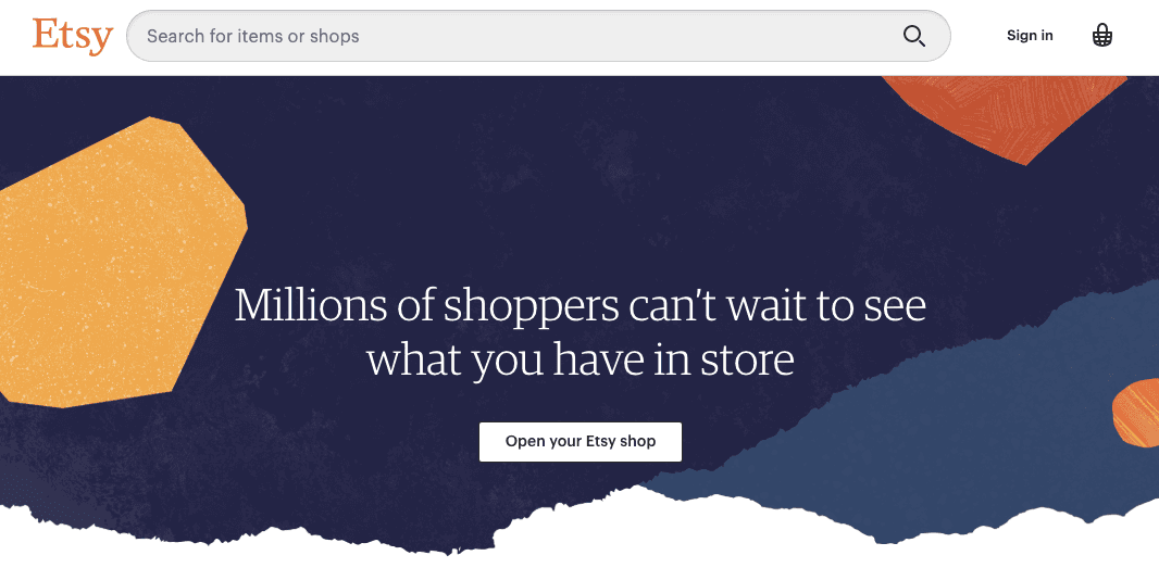 Etsy seller landing page with the Open your Etsy shop button