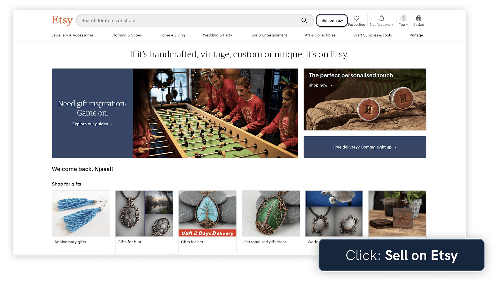 Etsy homepage with the Sell on Etsy link highlighted