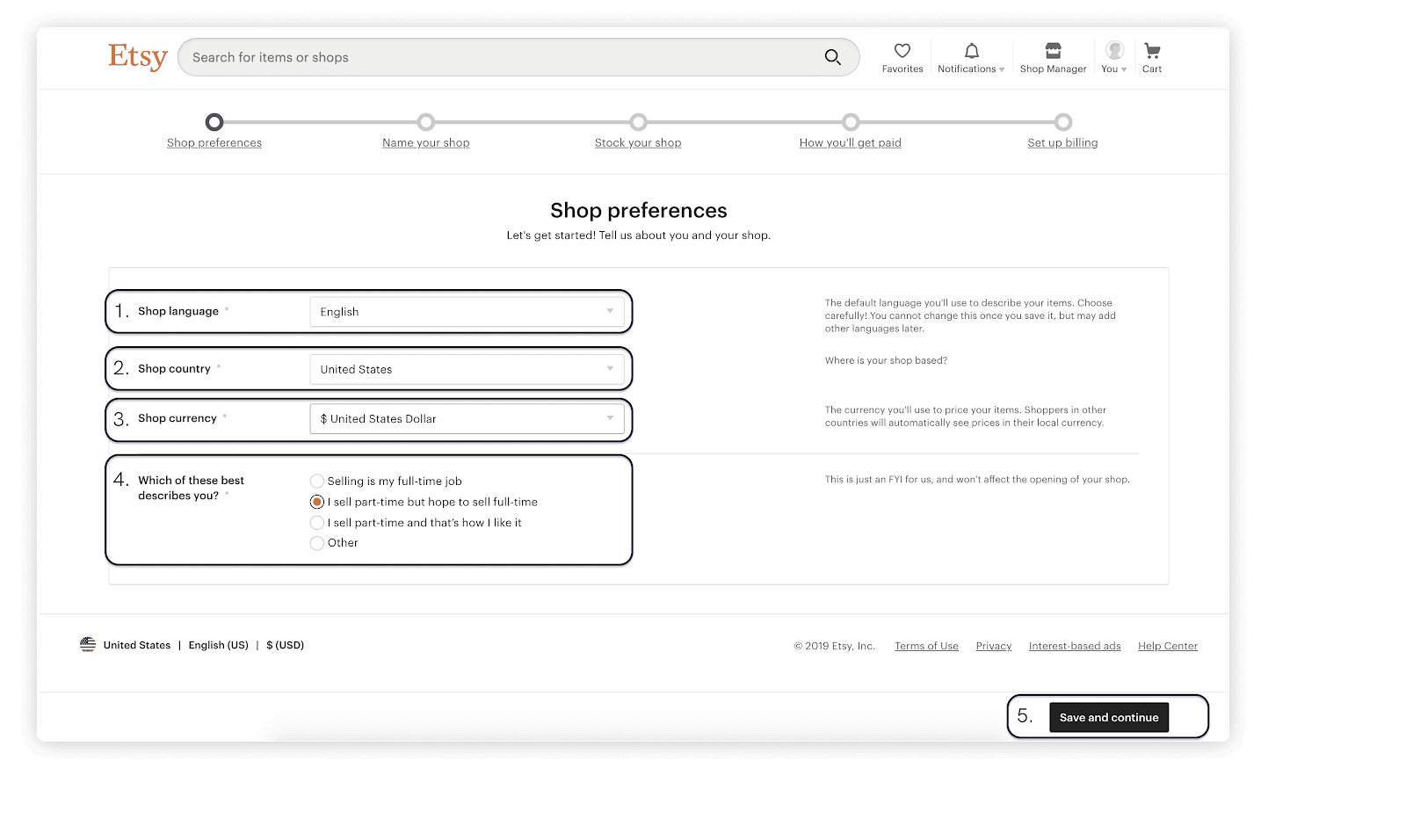 Etsy shop preferences for language, country, currency, and selling commitment