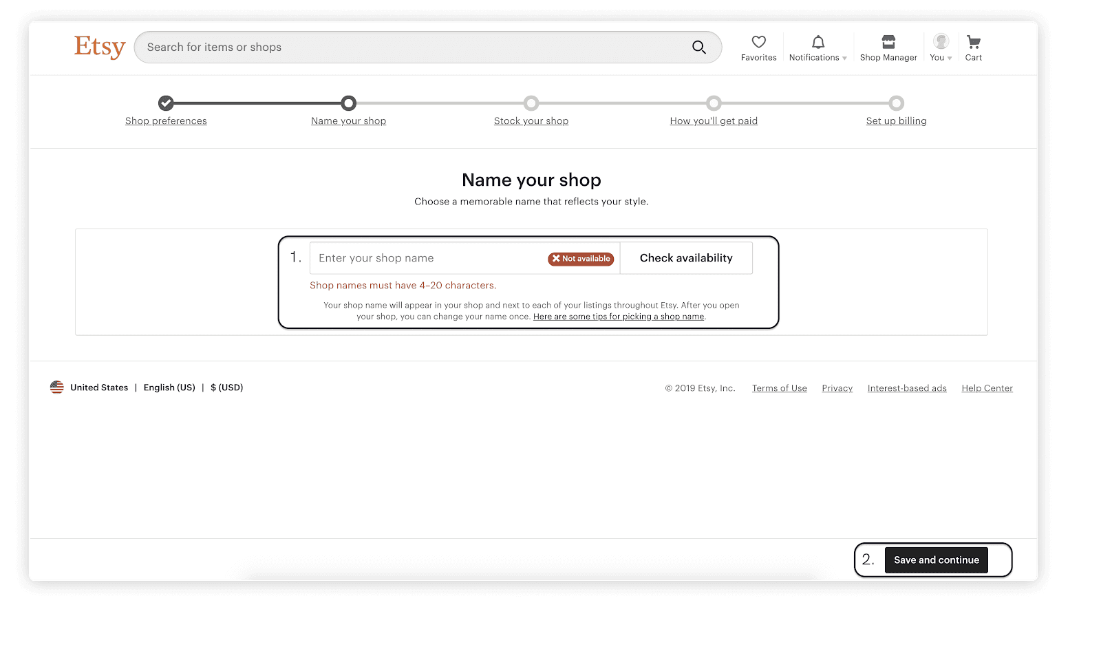 Etsy shop name field with availability check and character requirements