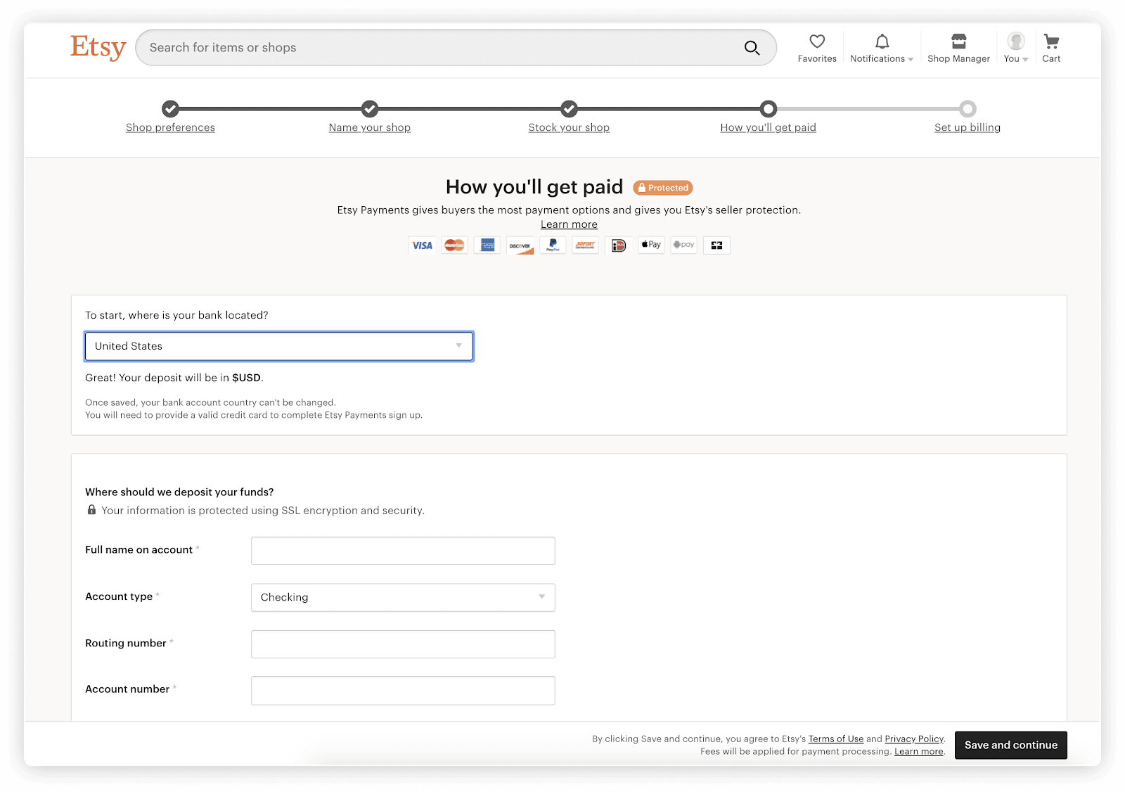 Etsy Payments setup form for bank location and deposit account details