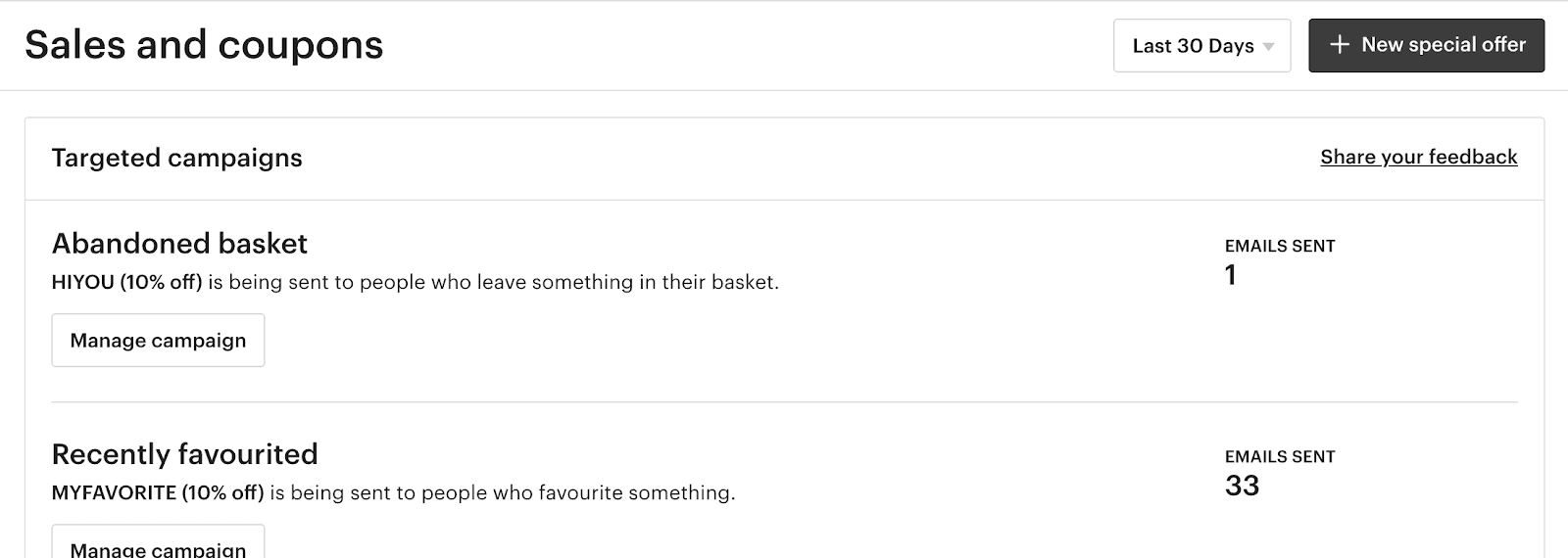 Etsy Sales and coupons dashboard with the New special offer button