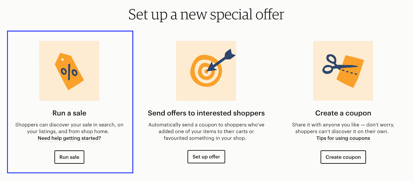 Etsy special offer options with Run a sale highlighted