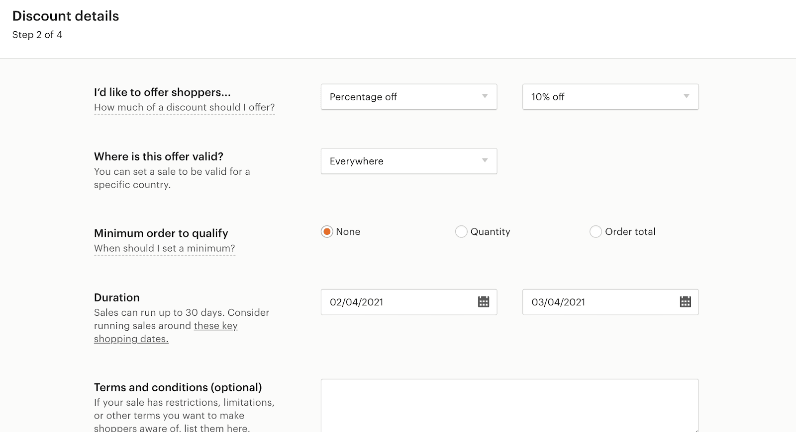 Etsy sale settings for discount percentage, eligibility, minimum order, and duration
