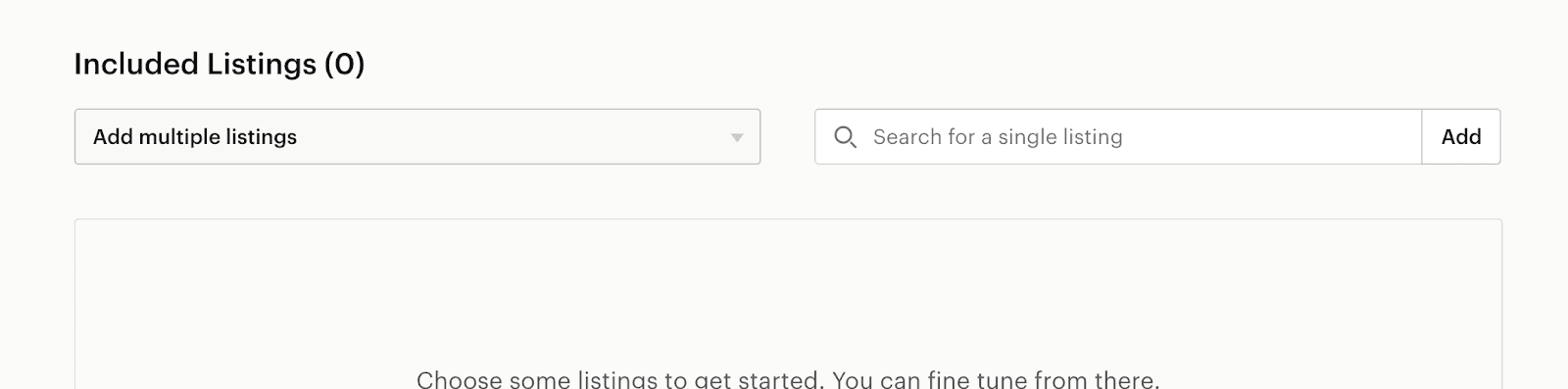 Etsy sale listing selector with options to add multiple listings or search individually