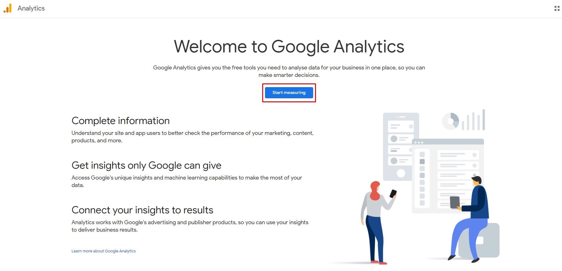 Google Analytics welcome page with the Start measuring button highlighted