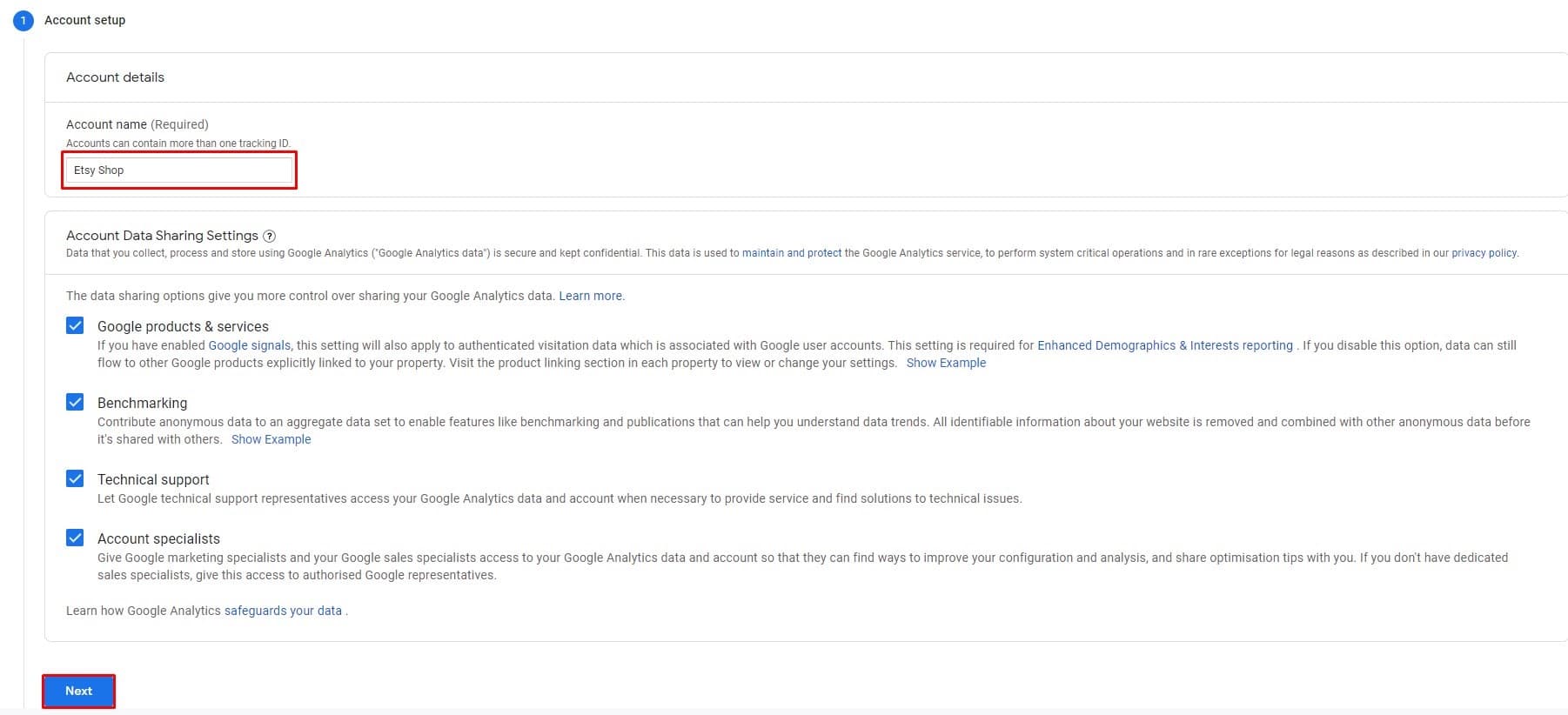 Google Analytics account setup with Etsy Shop entered as the account name