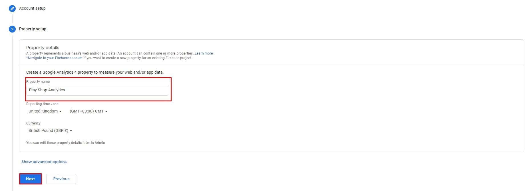 Google Analytics property setup with name, reporting time zone, and currency fields
