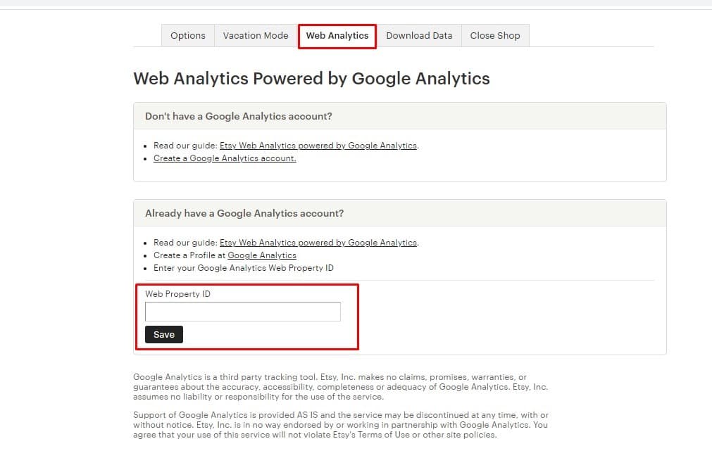 Etsy Web Analytics tab with the Web Property ID field and Save button highlighted