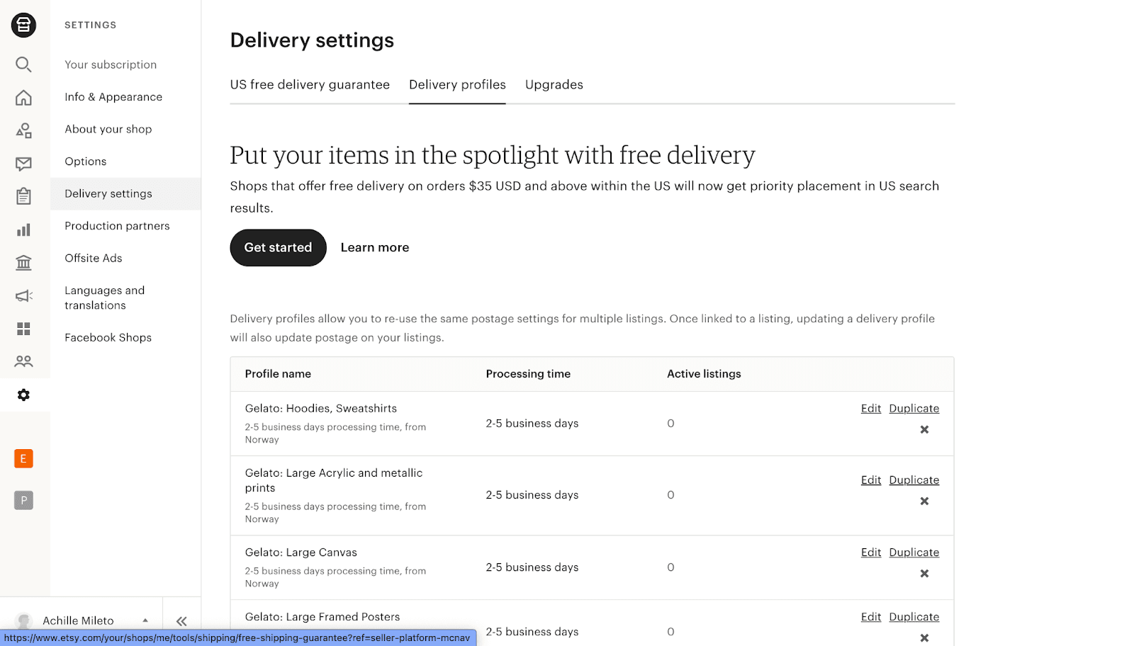 Etsy delivery profiles listing processing times and controls to edit or duplicate profiles