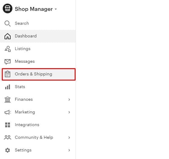 Etsy Shop Manager menu with Orders and Shipping highlighted
