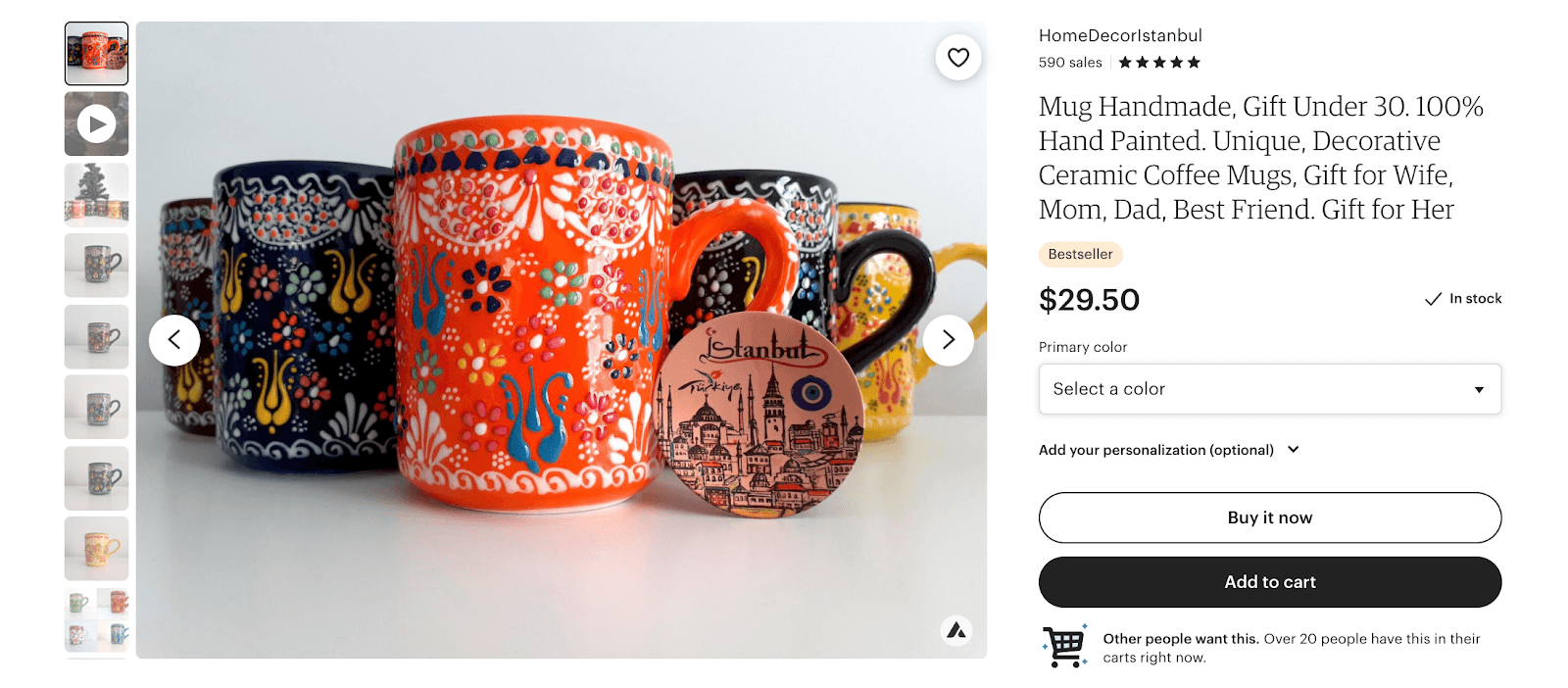 Etsy listing for colorful hand-painted mugs with gift suggestions in the title
