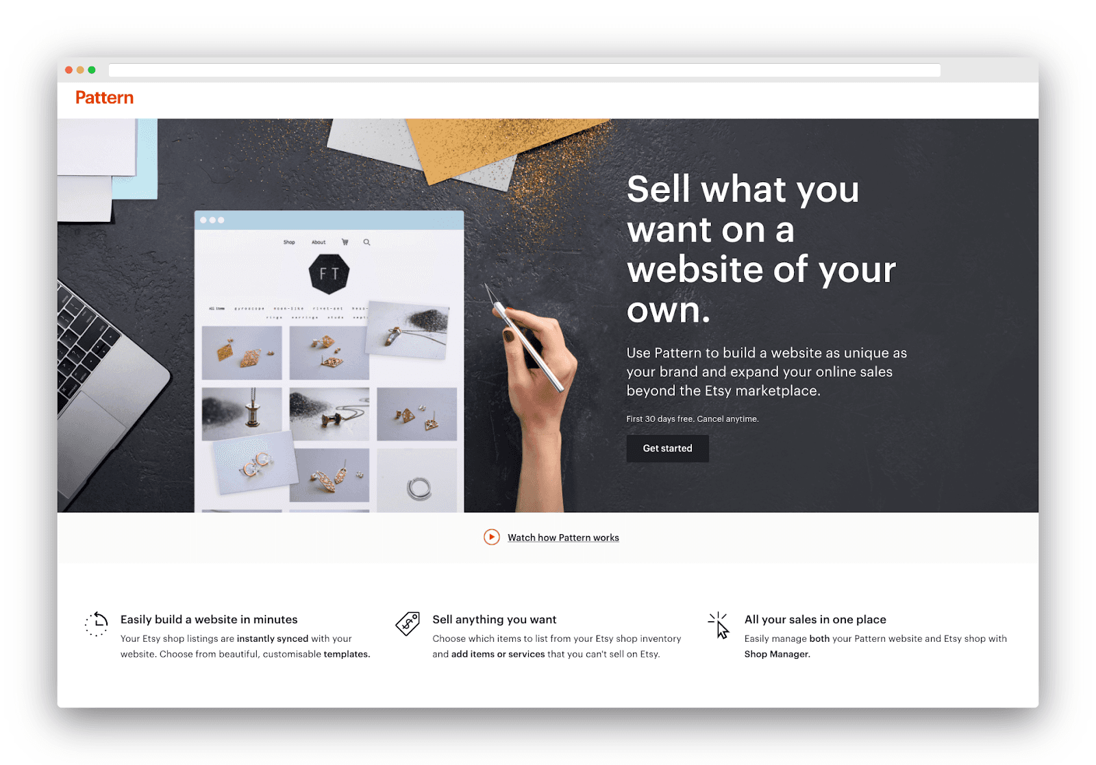 Pattern landing page offering a standalone storefront connected to an Etsy shop