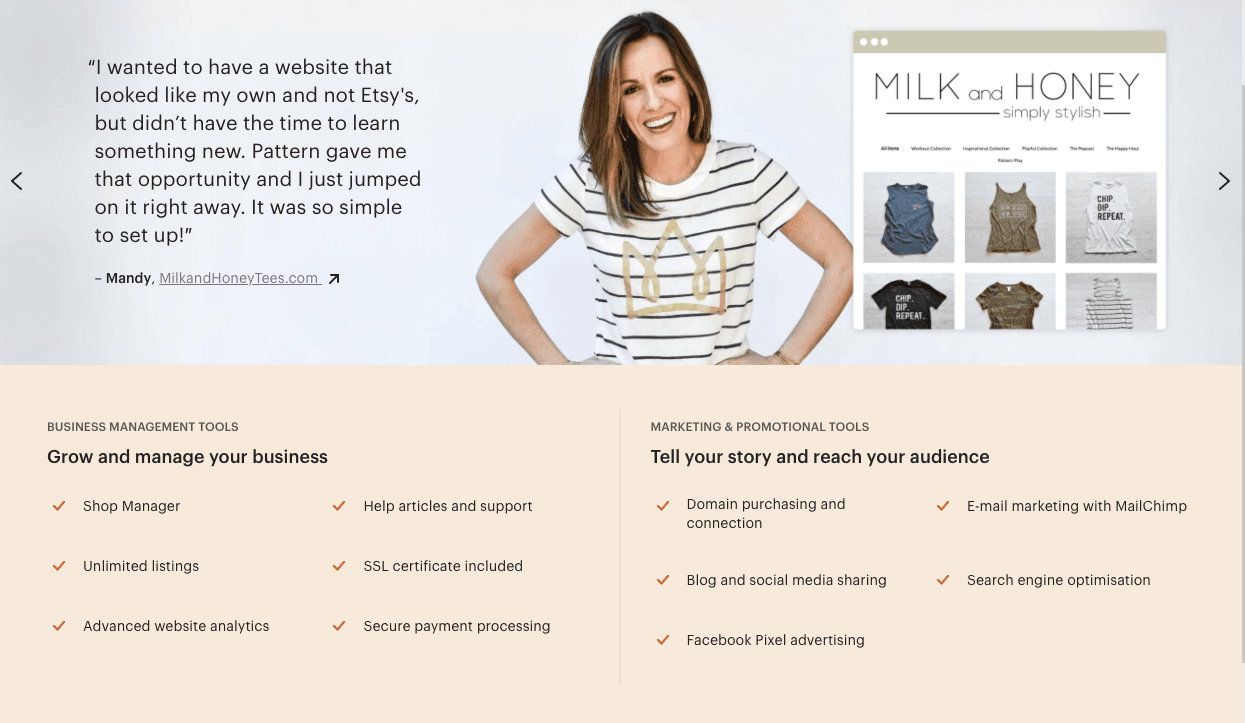 Pattern customer testimonial alongside business management and marketing features