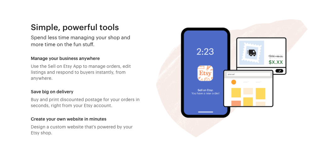 Etsy seller tools for mobile shop management, shipping labels, and website creation
