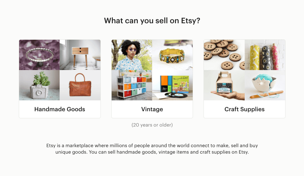 Examples of handmade goods, vintage items, and craft supplies eligible for Etsy