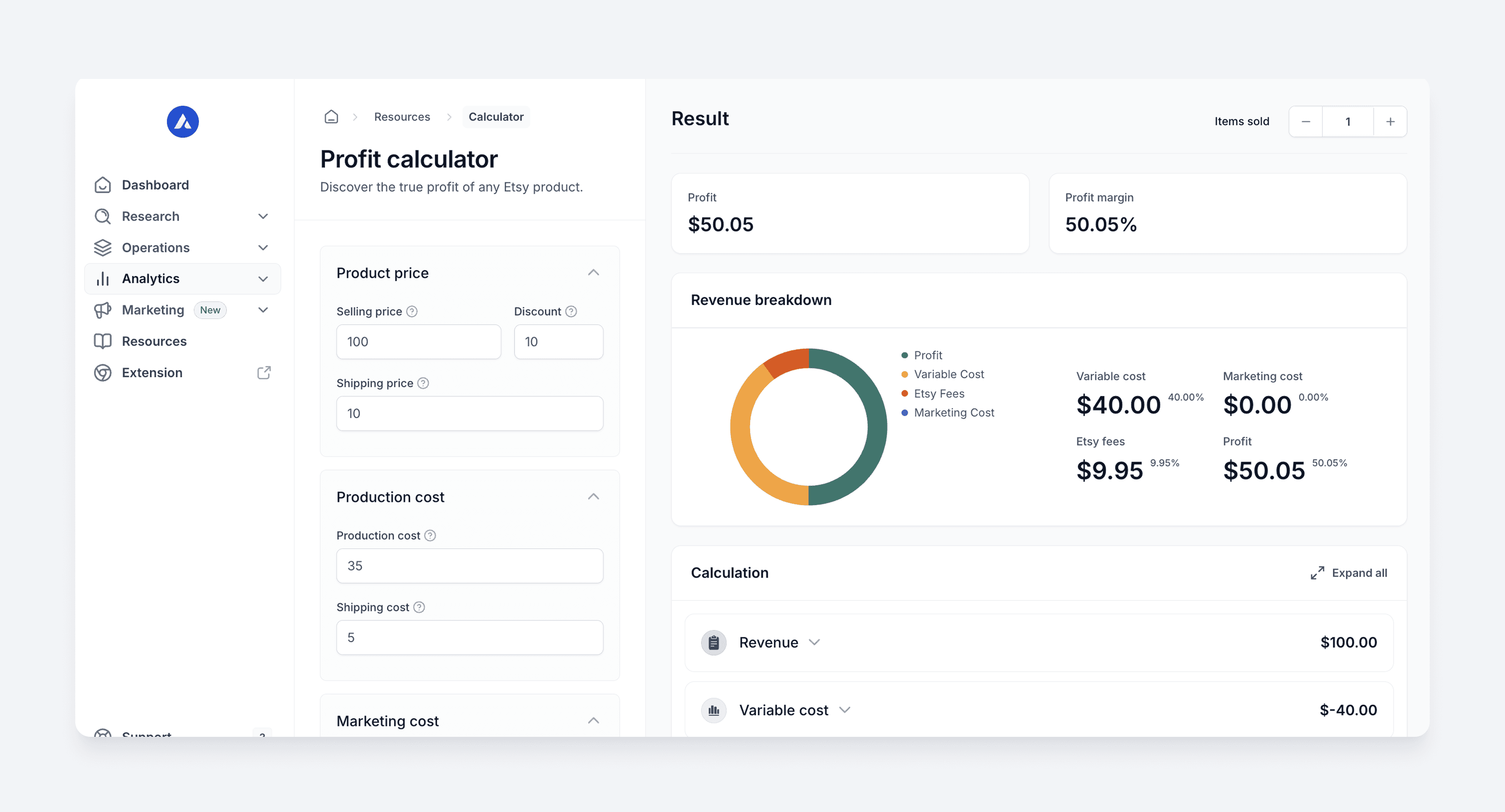 Alura profit calculator showing pricing inputs, Etsy fees, costs, and a 50.05 percent profit margin