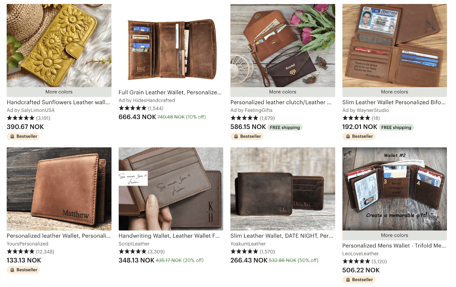 Etsy wallet search results with green free shipping badges beside selected prices