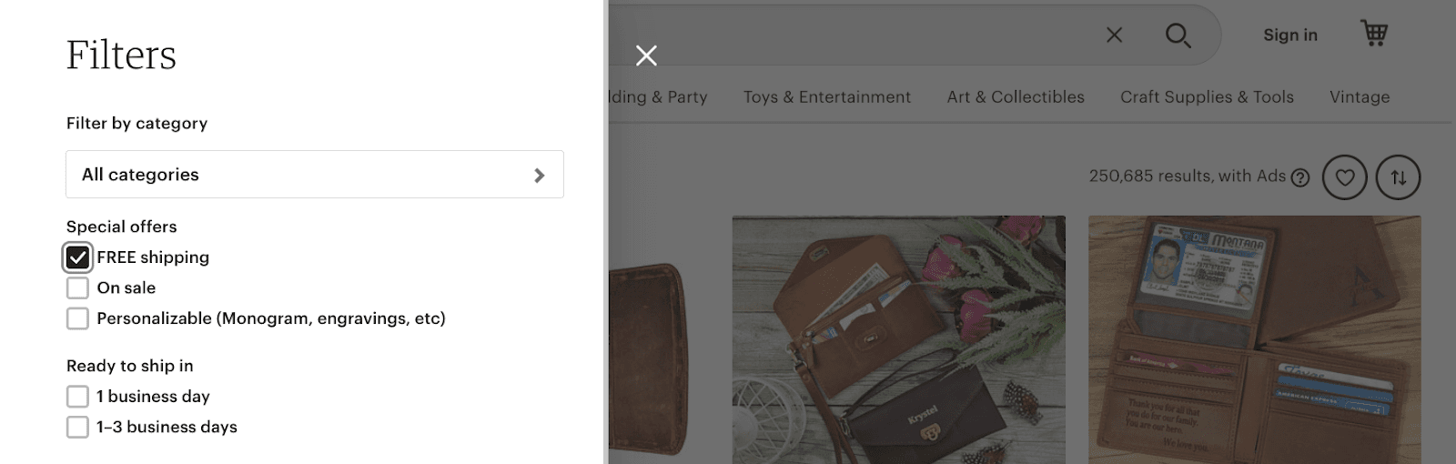 Etsy search filters with the Free shipping checkbox selected