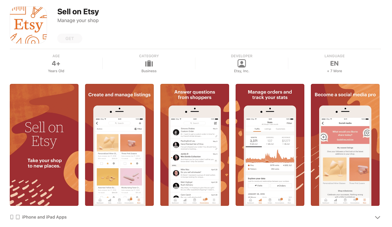 Sell on Etsy App Store preview showing listings, messages, statistics, and social media tools