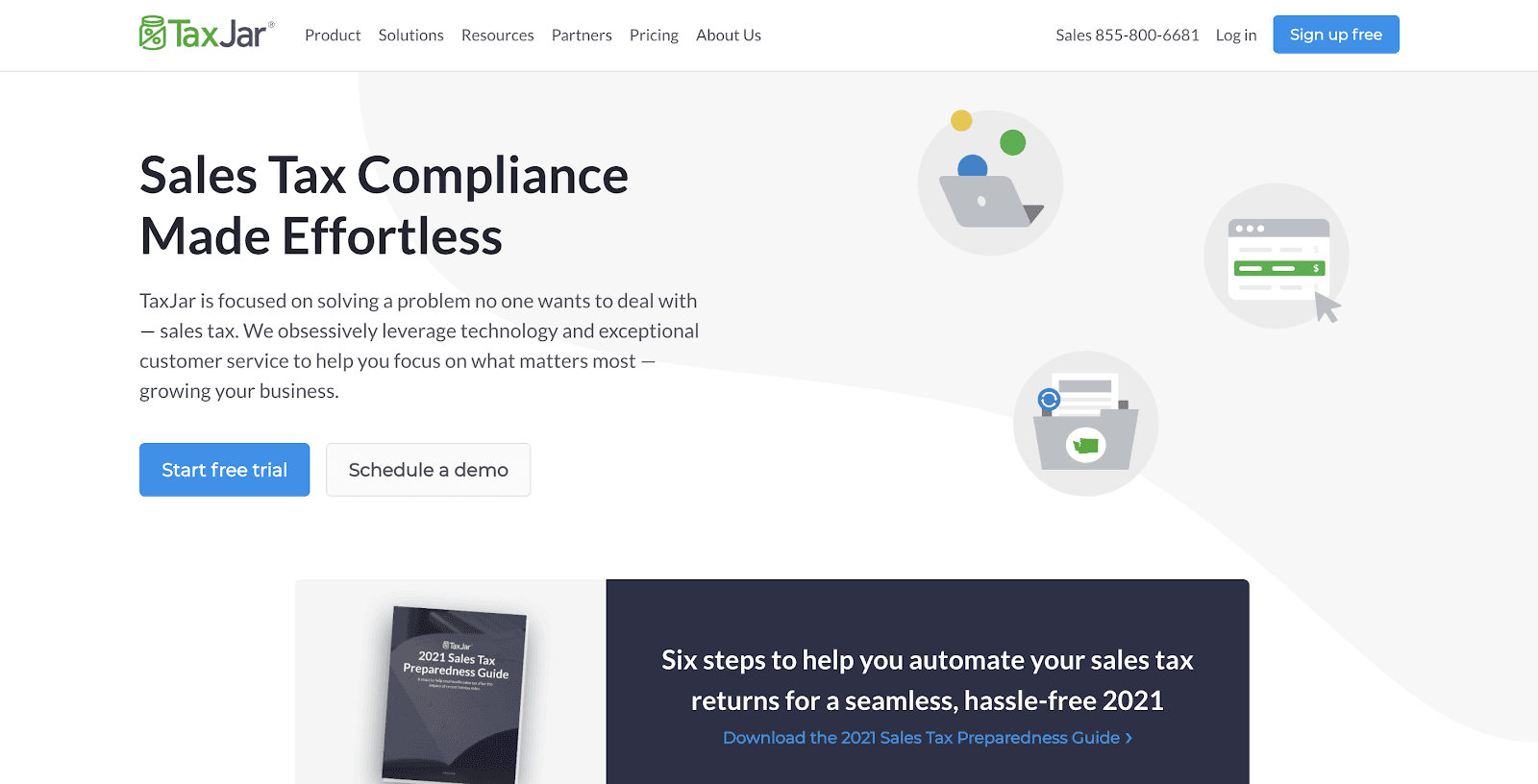TaxJar homepage promoting sales tax automation with trial and demo options