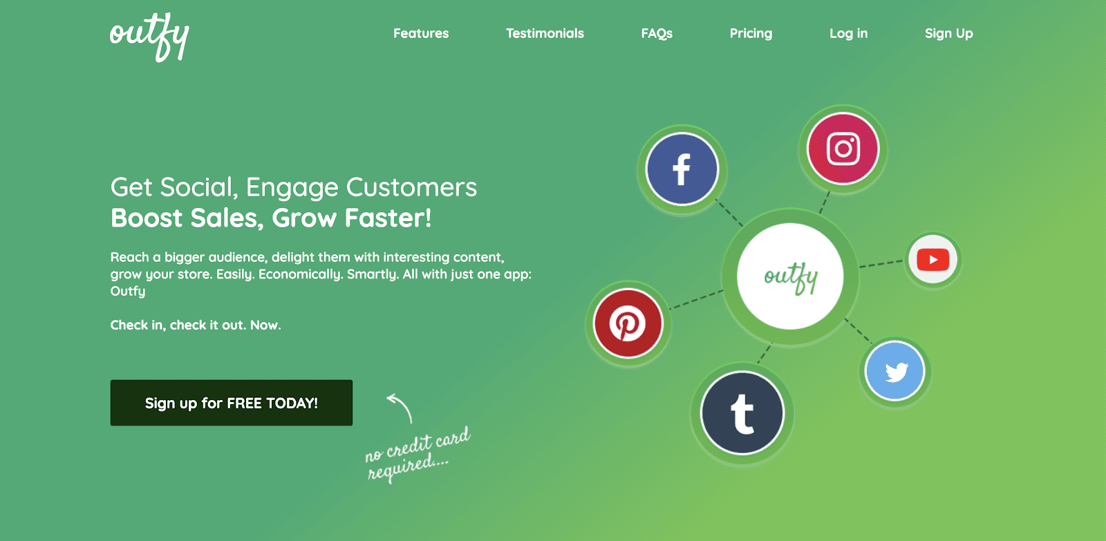 Outfy homepage showing connections to social networks for promoting products