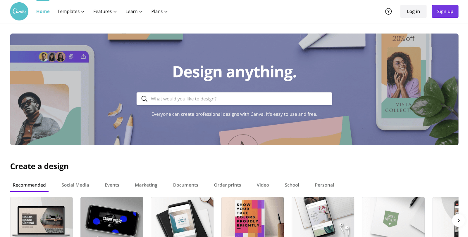 Canva homepage with design search and template categories for marketing and social media