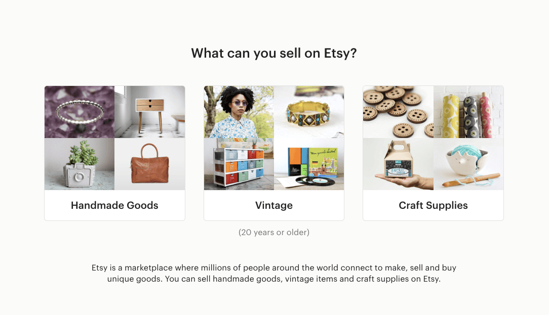Etsy product categories showing handmade goods, vintage items, and craft supplies