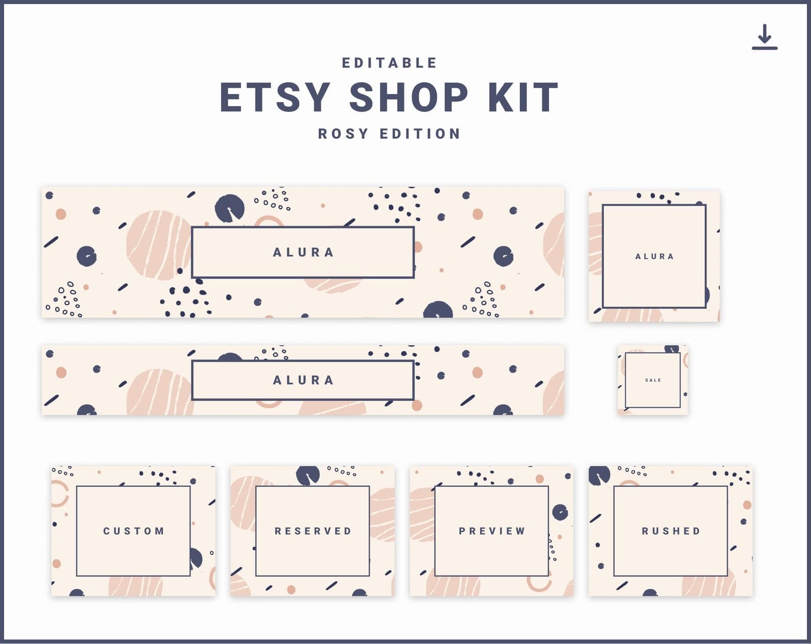 Editable Rosy Edition Etsy shop kit with matching banners, shop icon, and listing graphics