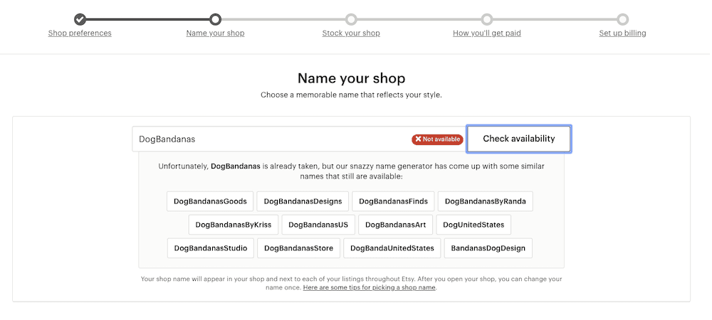 Etsy name availability check showing DogBandanas unavailable and suggesting alternative shop names