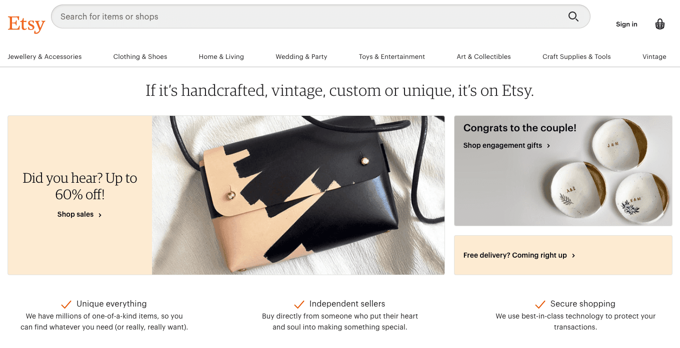 Etsy homepage showcasing handmade products, engagement gifts, and benefits of buying from independent sellers
